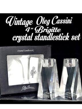 Vintage New Oleg Cassini "Brigitte" 4" real crystal candlestick set w/ box